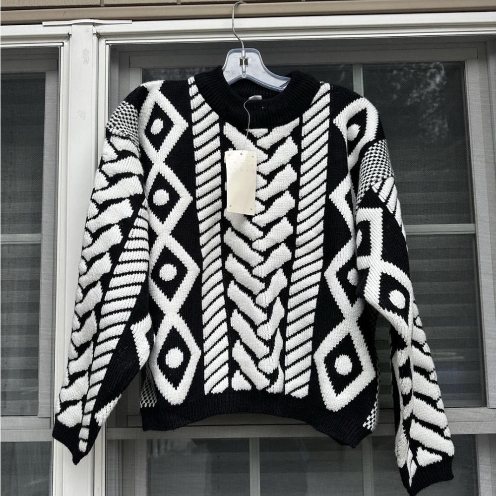 Vintage Jamie Scott Geometric black & white acrylic sweater Size Large New